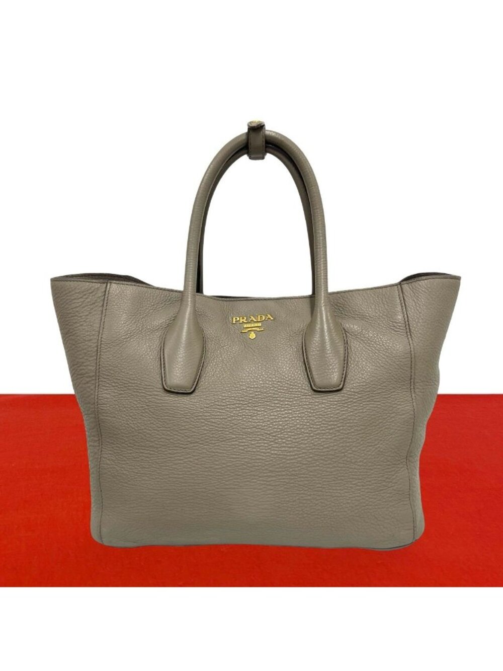 Prada Logo Embossed Leather Tote Bag Gray Greige